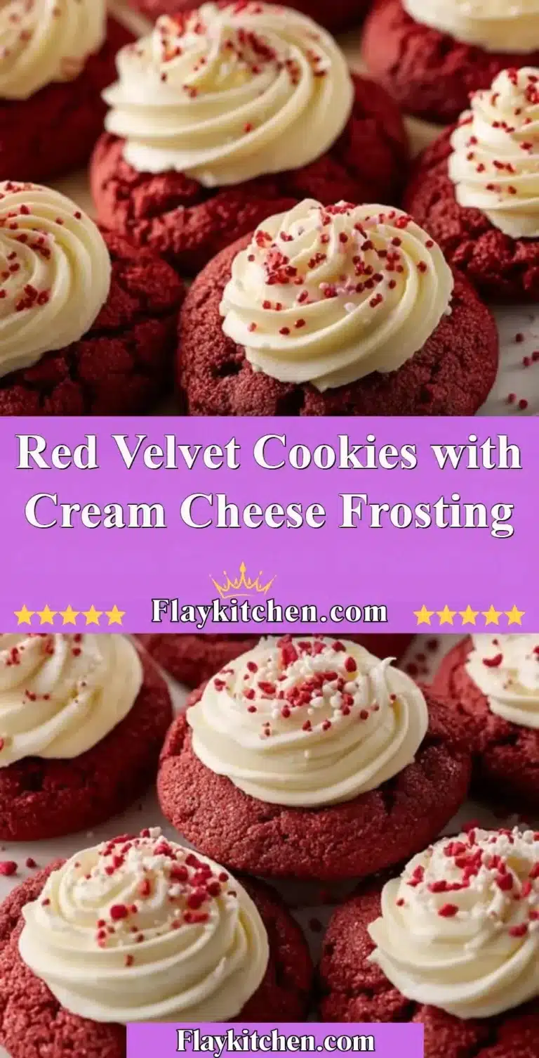 Red velvet cookies topped with cream cheese frosting on a plate.