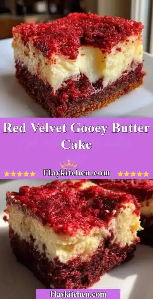 Slice of Red Velvet Gooey Butter Cake with cream cheese frosting