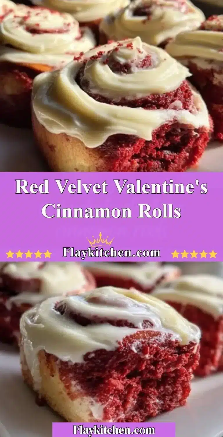 Red Velvet Valentine's Cinnamon Rolls topped with icing on a wooden table.