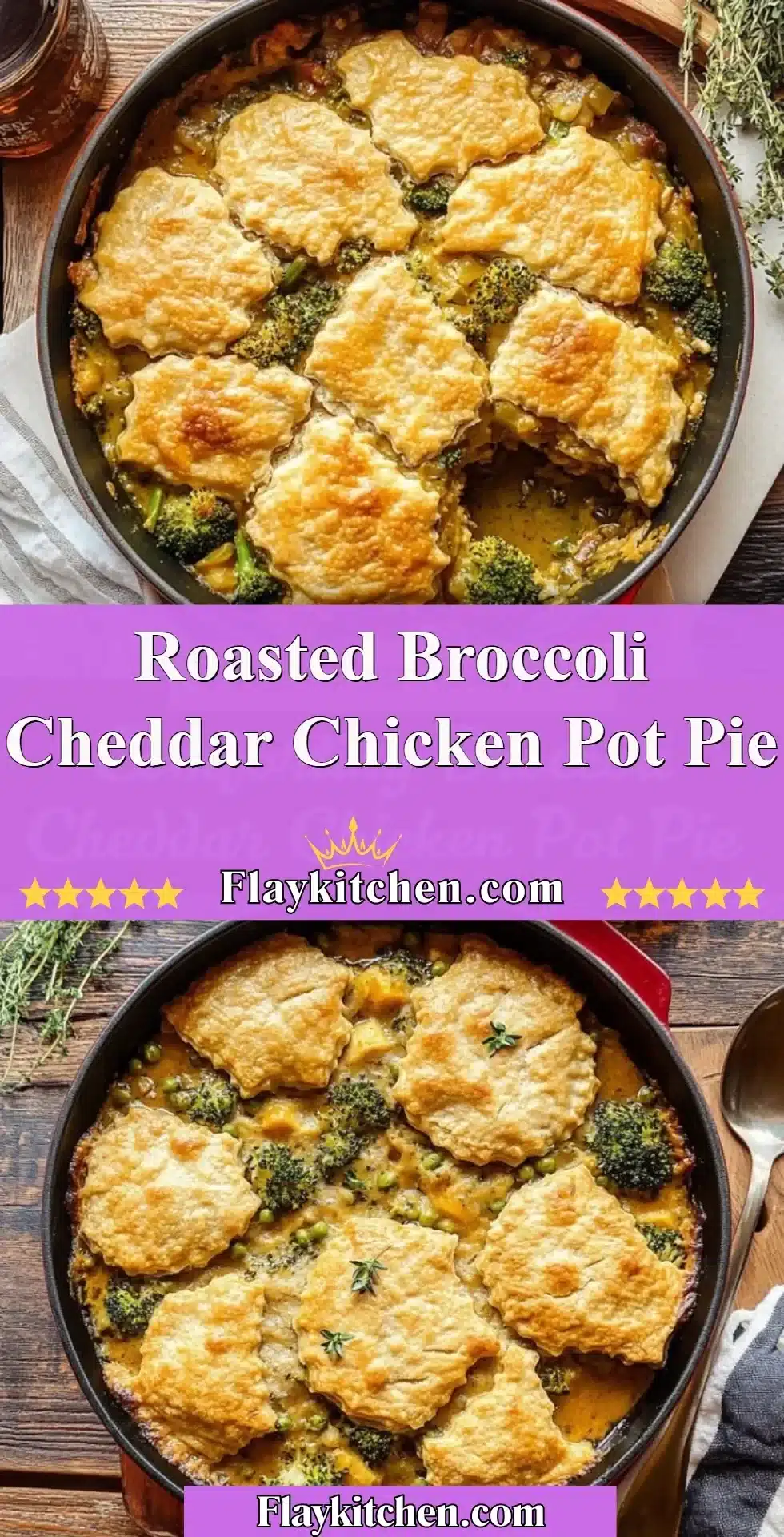 Roasted Broccoli Cheddar Chicken Pot Pie 2 Roasted broccoli cheddar chicken pot pie served in a dish
