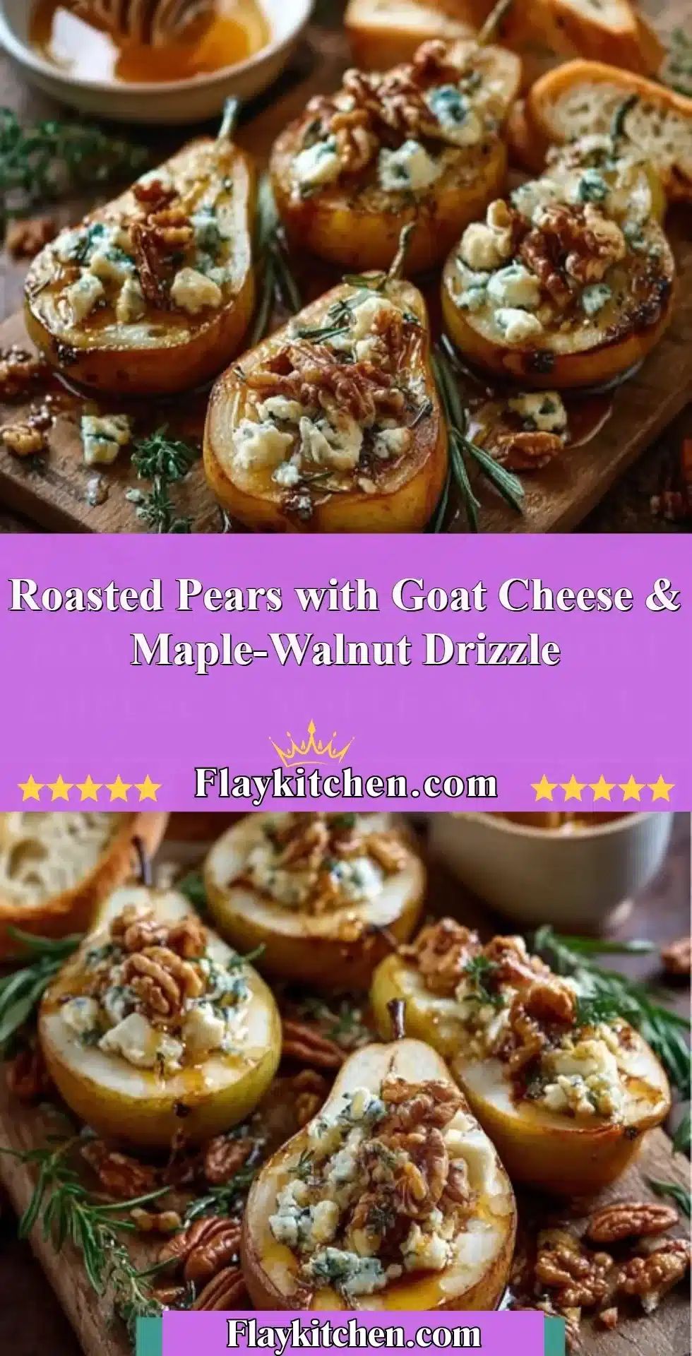 Roasted pears topped with goat cheese and maple-walnut drizzle on a plate.