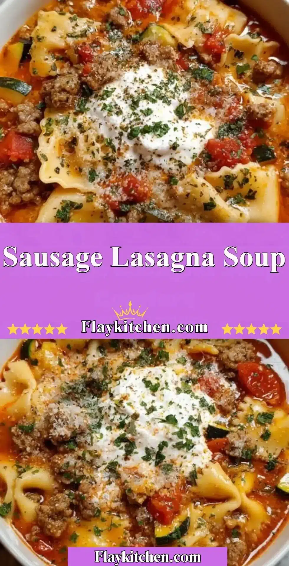 Bowl of Sausage Lasagna Soup topped with cheese and herbs
