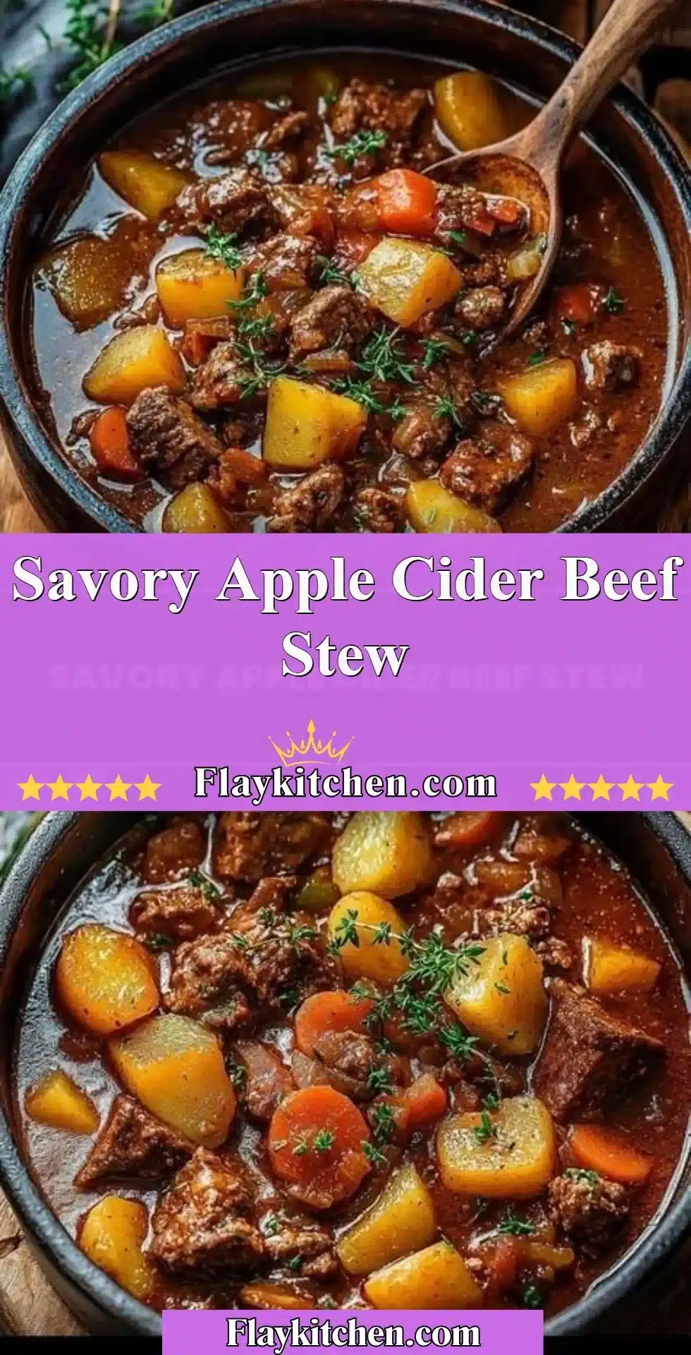 Savory Apple Cider Beef Stew simmering in a pot with vegetables and herbs