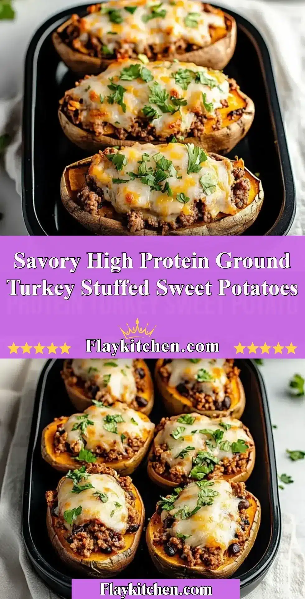 Savory ground turkey stuffed sweet potatoes topped with herbs and spices