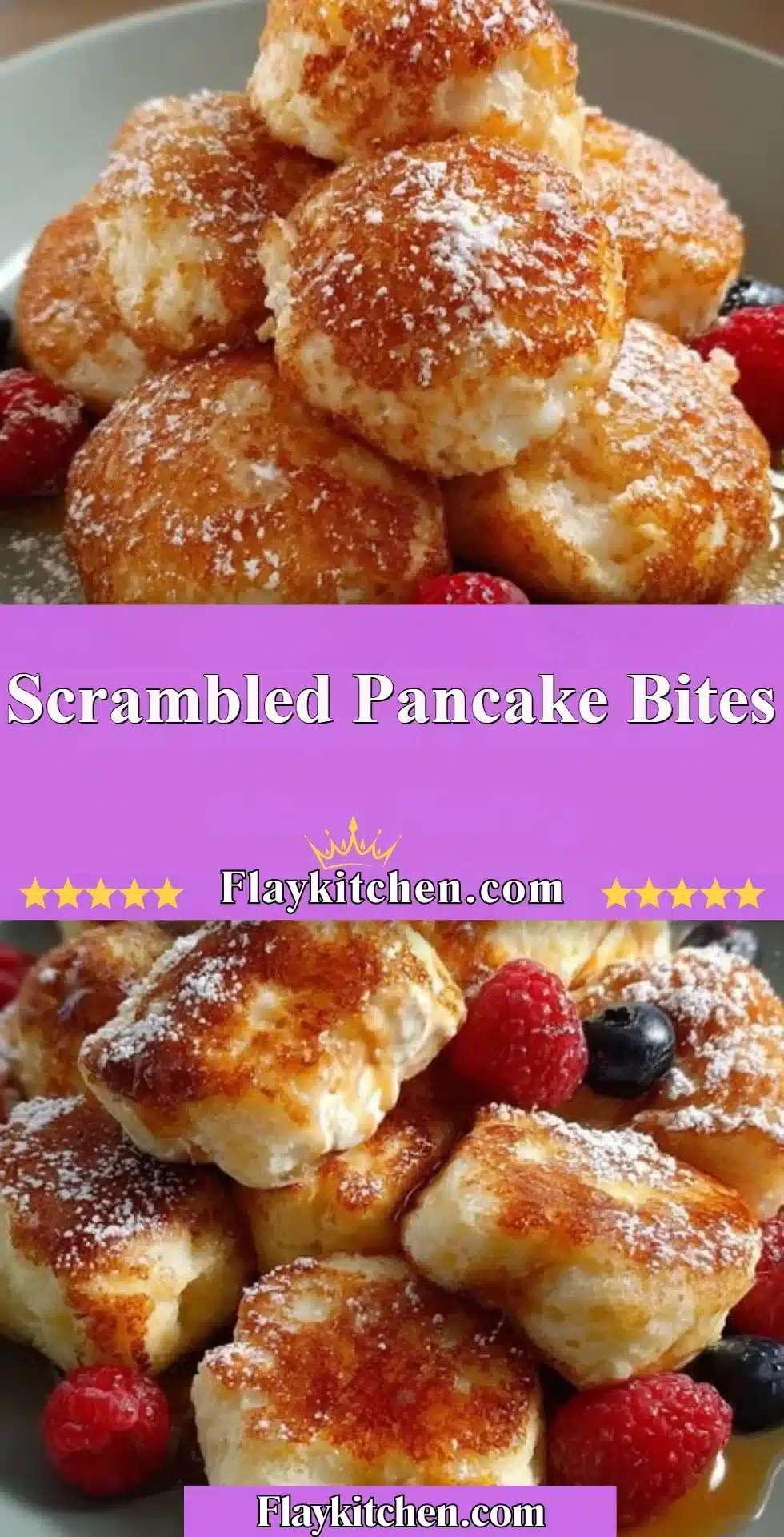 Scrambled Pancake Bites 2 Scrambled pancake bites served in a fun, bite-sized form on a plate