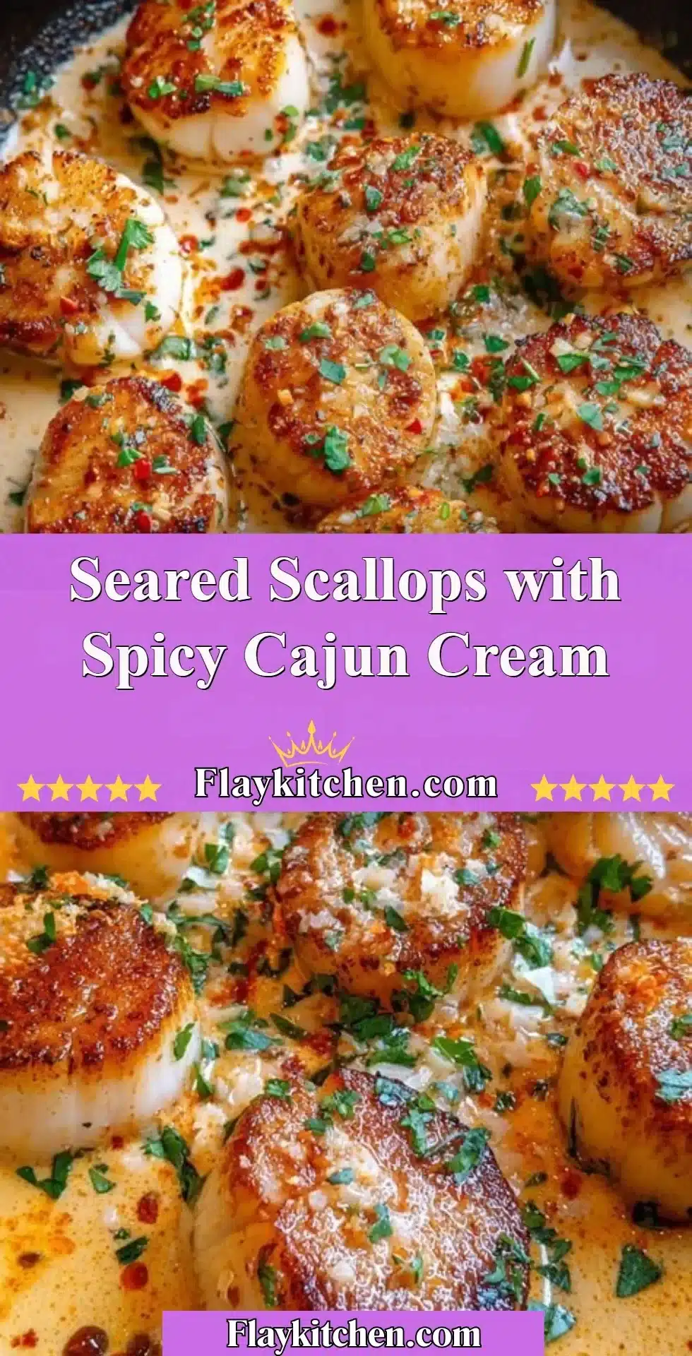 Delicious seared scallops with spicy Cajun cream sauce on a plate.