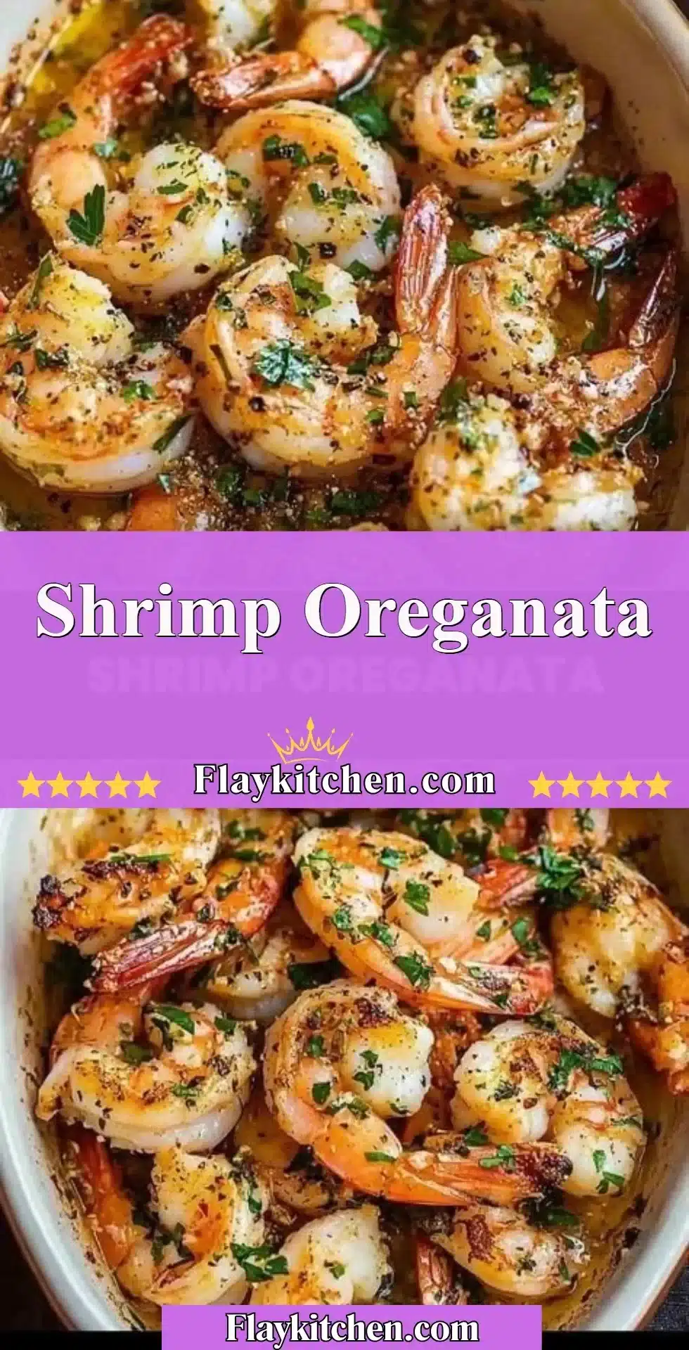 Plate of Shrimp Oreganata garnished with herbs and served with lemon