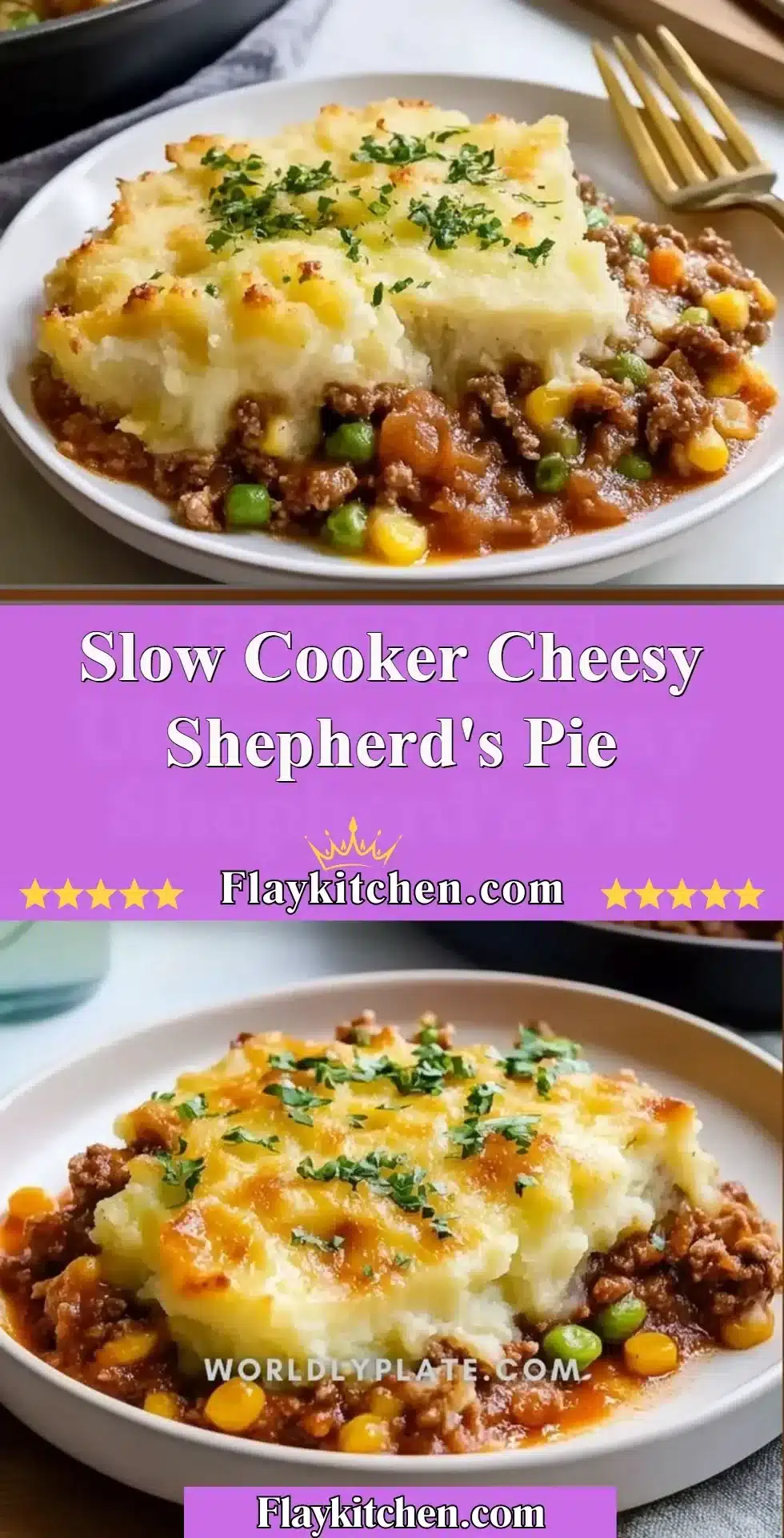 Delicious cheesy shepherd's pie made in a slow cooker with creamy mashed potatoes
