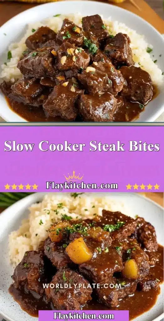 Tender slow cooker steak bites served on a plate with herbs.