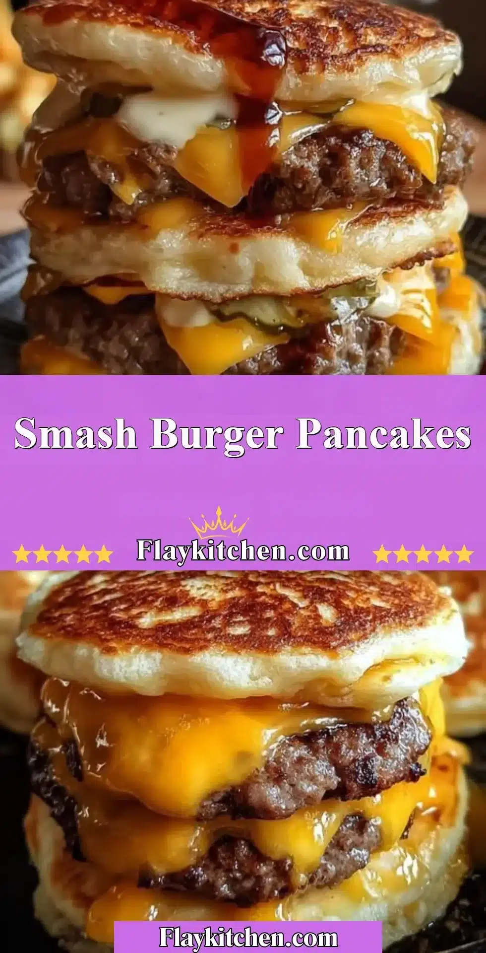 Plate of Smash Burger Pancakes topped with cheese and condiments, showcasing a tasty fusion dish