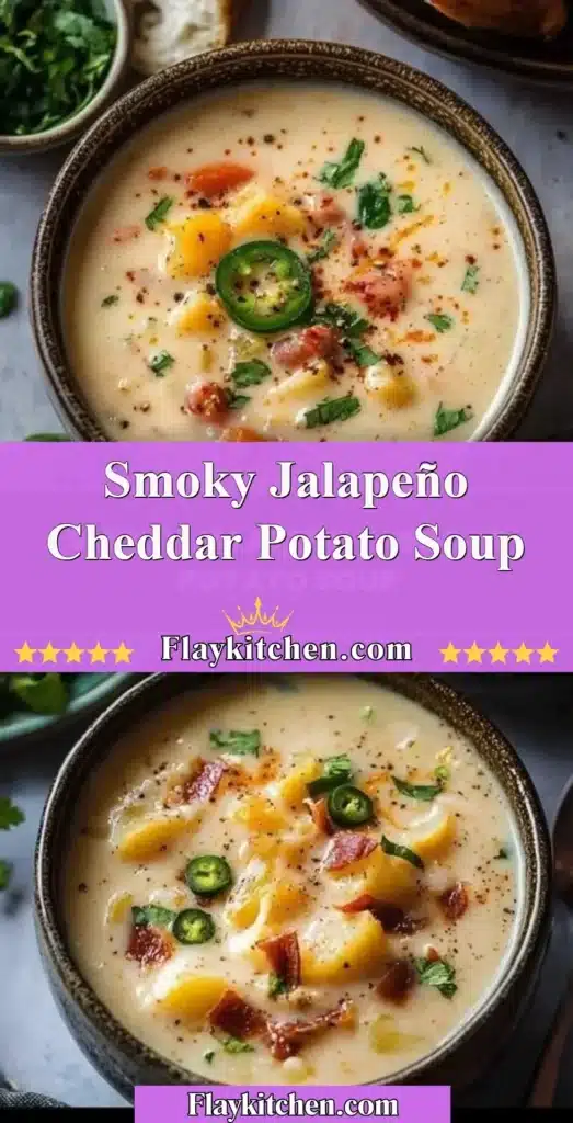 Bowl of smoky jalapeño cheddar potato soup topped with fresh herbs