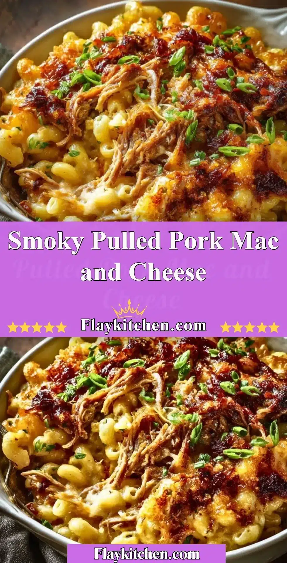 Delicious smoky pulled pork mac and cheese topped with melted cheese
