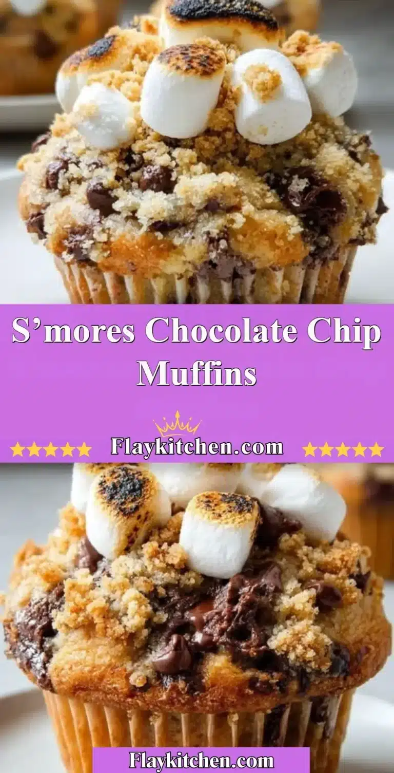 Delicious S'mores Chocolate Chip Muffins topped with chocolate and marshmallows