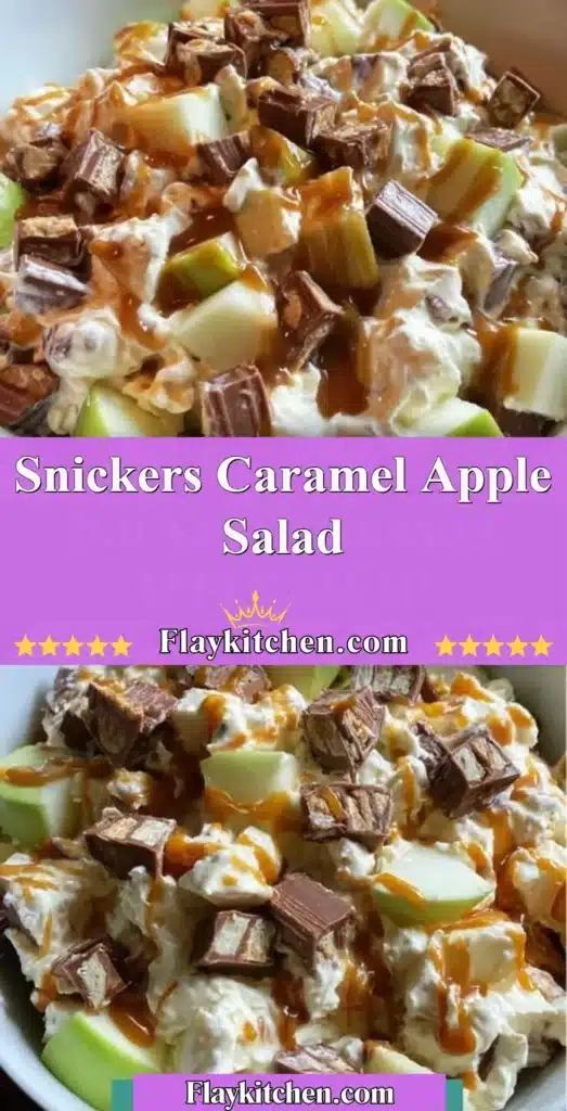 Snickers caramel apple salad with apples, Snickers bars, and caramel sauce