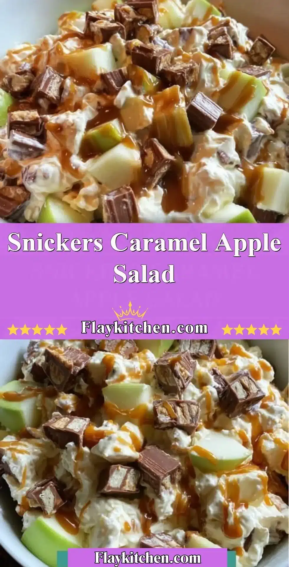 Snickers caramel apple salad with apples, Snickers bars, and caramel sauce