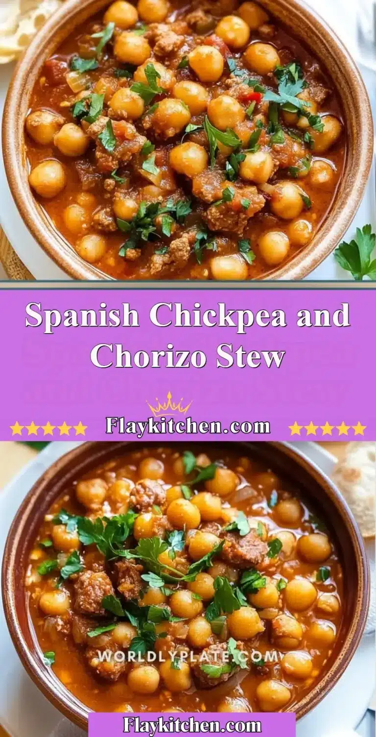 Delicious Spanish chickpea chorizo stew in a bowl garnished with fresh herbs