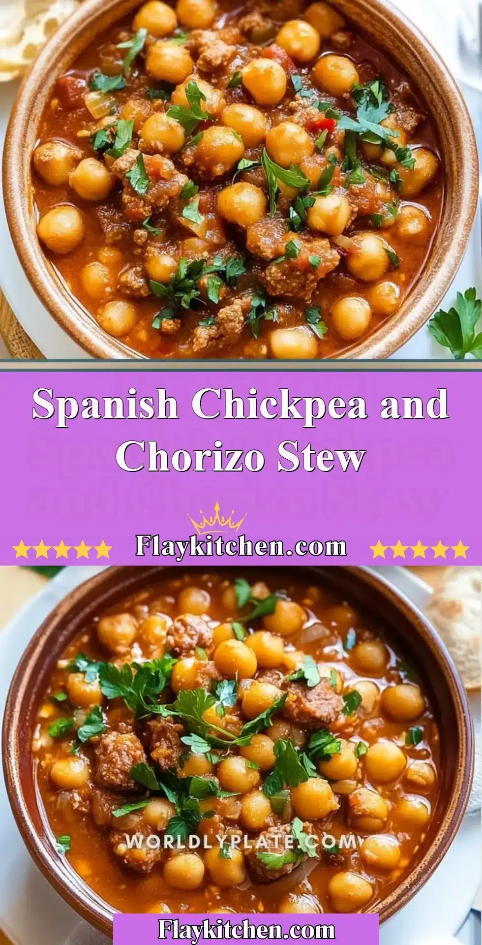 Delicious Spanish chickpea chorizo stew in a bowl garnished with fresh herbs