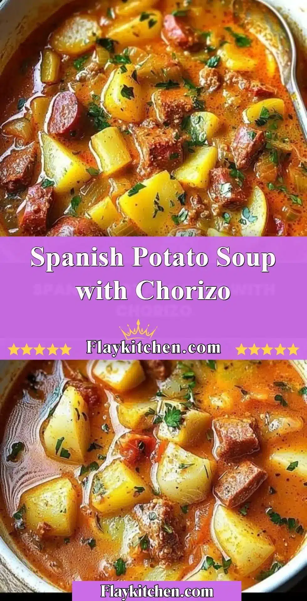 Delicious Spanish Potato Soup with Chorizo served in a bowl