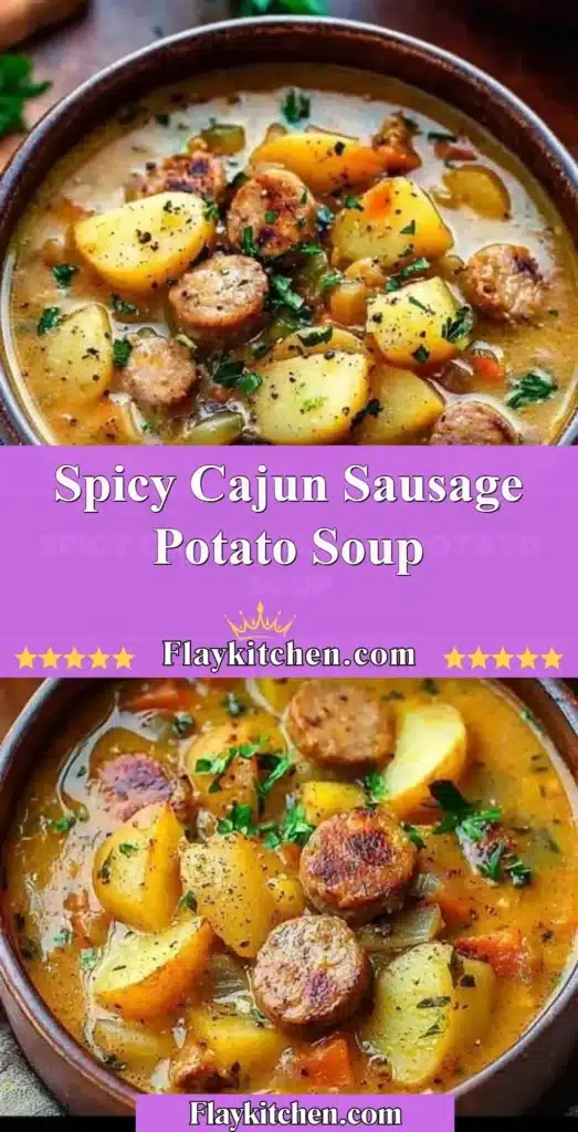Bowl of spicy Cajun sausage potato soup garnished with herbs.