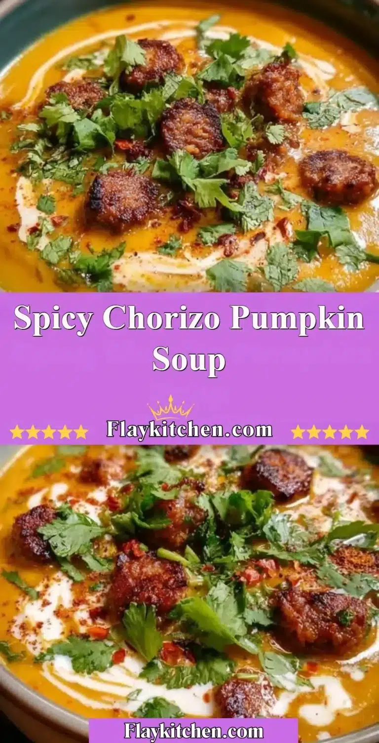 Bowl of spicy chorizo pumpkin soup garnished with herbs and spices