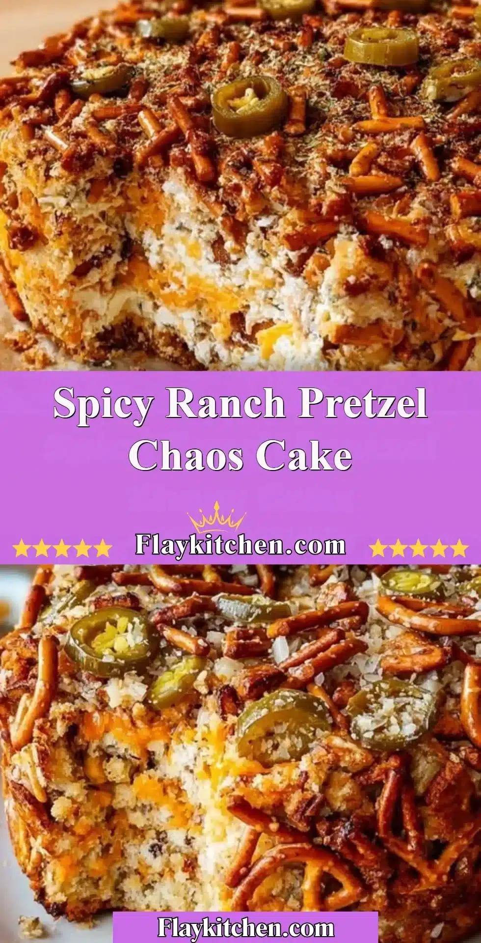 Spicy Ranch Pretzel Chaos Cake 2 Delicious Spicy Ranch Pretzel Cake served with an enticing spicy ranch drizzle.
