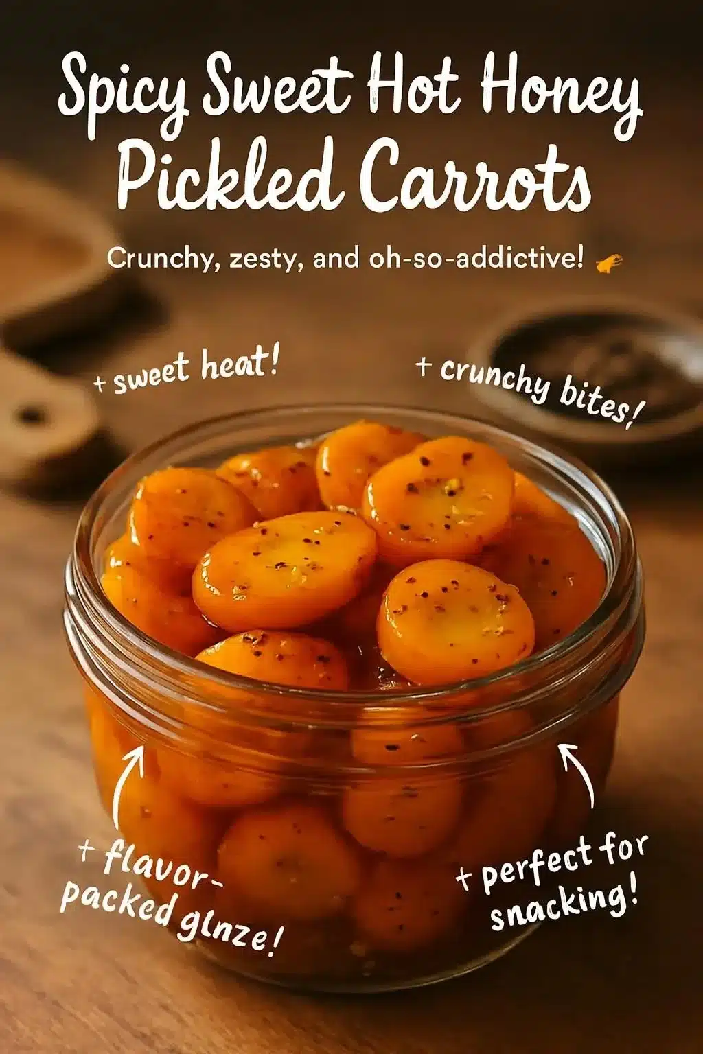 Spicy sweet hot honey pickled carrots in a jar for a tangy and delicious snack.