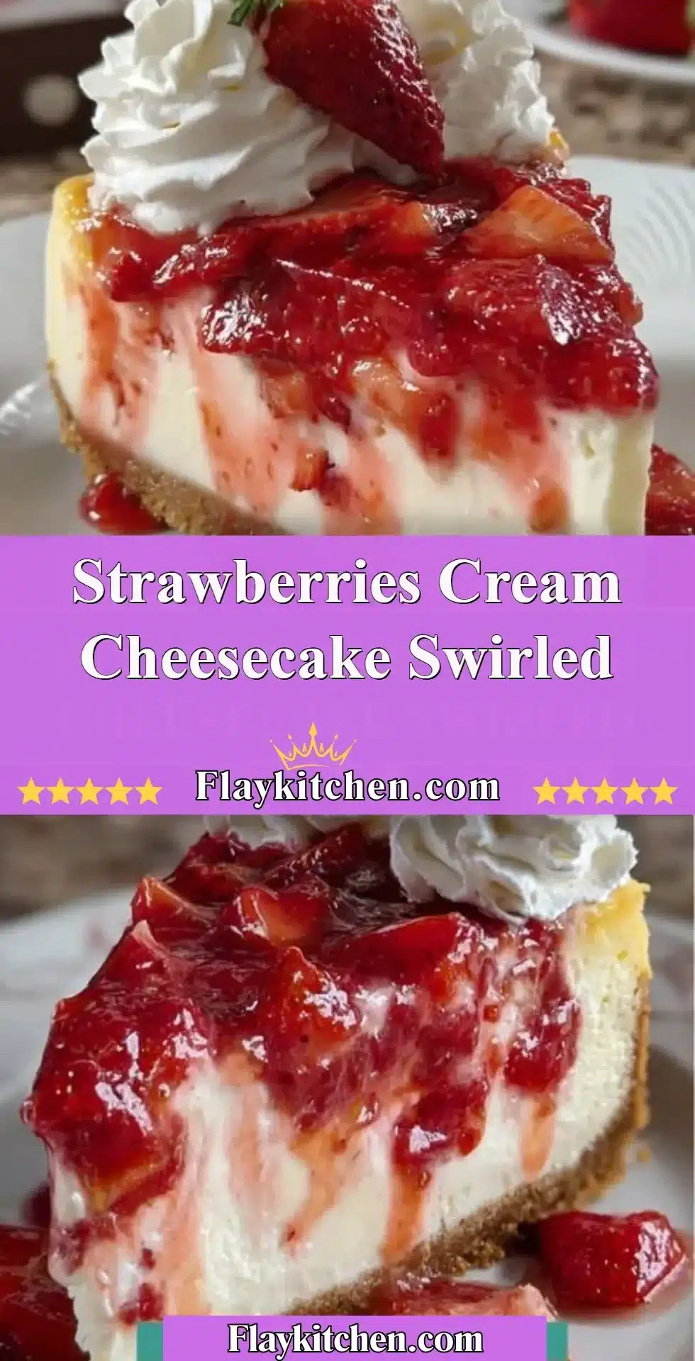 Delicious strawberries cream cheesecake swirled for a delightful dessert.