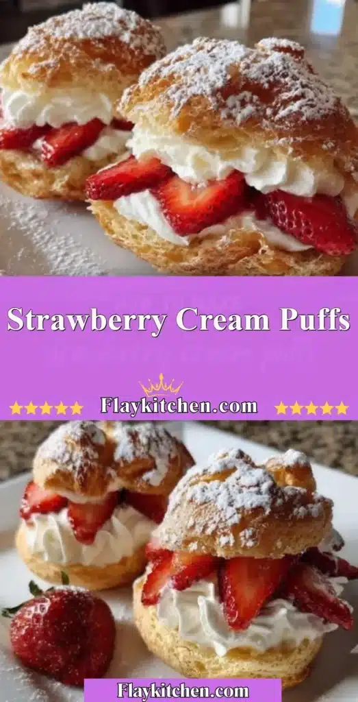 Fresh strawberry cream puffs filled with whipped cream and strawberries
