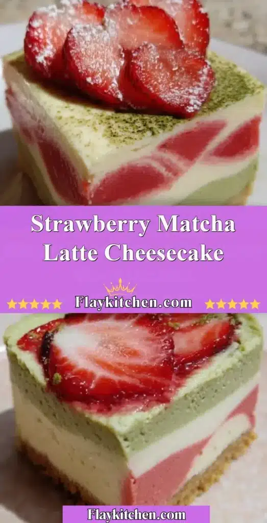 Delicious Strawberry Matcha Latte Cheesecake topped with fresh strawberries