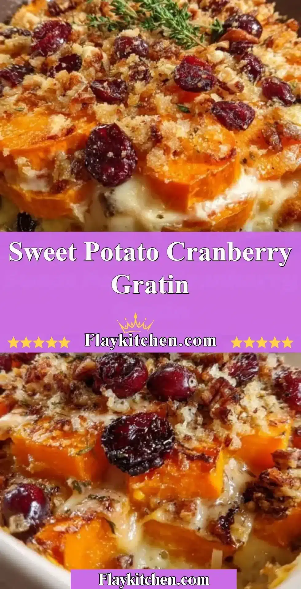 Sweet potato cranberry gratin served in a baking dish