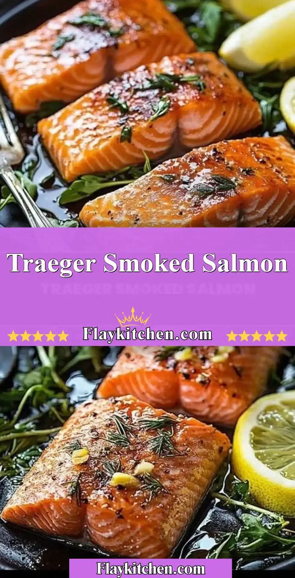 Delicious Traeger smoked salmon on a wooden platter garnished with herbs.