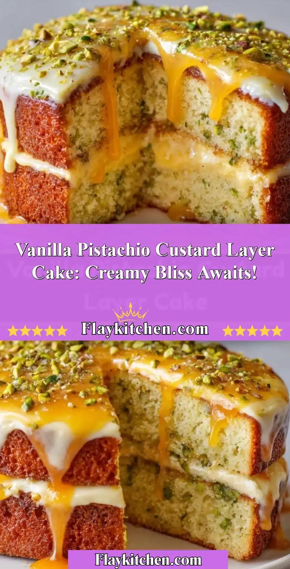 Vanilla Pistachio Custard Layer Cake: Creamy Bliss Awaits! 2 Vanilla Pistachio Custard Layer Cake topped with creamy frosting and pistachios