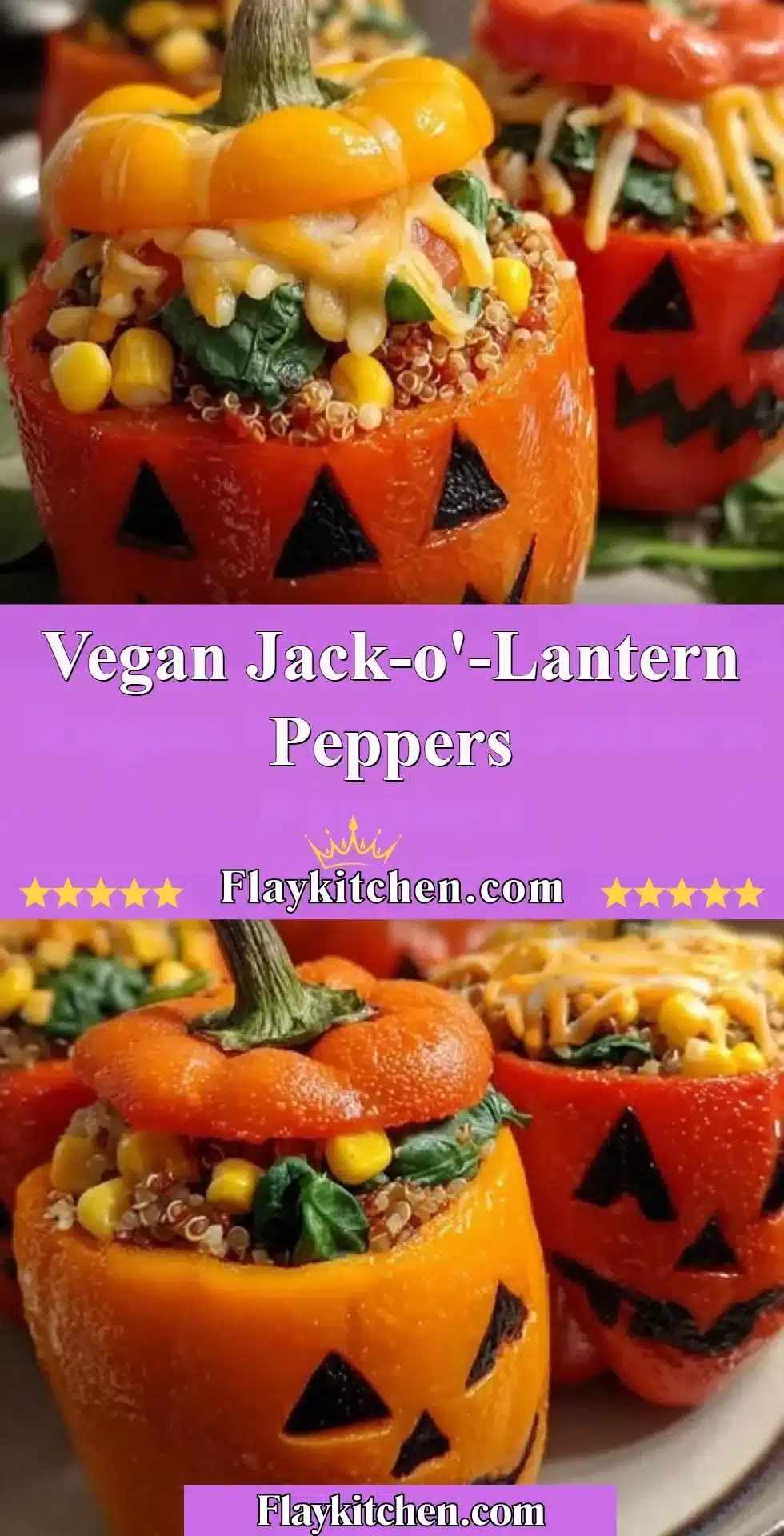 Vegan Jack-o'-Lantern Peppers 2 Vegan Jack-o'-Lantern Peppers filled with colorful vegetables and spices