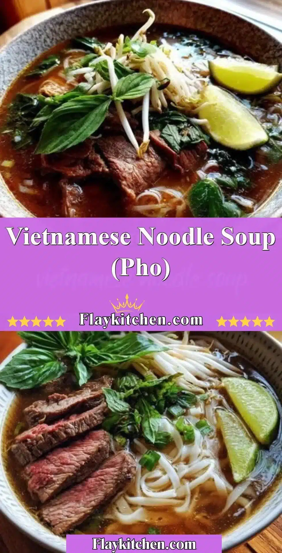A bowl of Pho, traditional Vietnamese noodle soup with herbs and fresh ingredients.