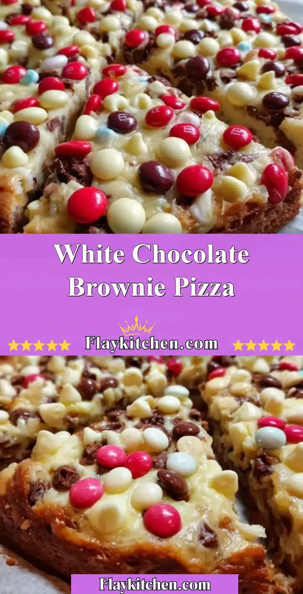 Delicious white chocolate brownie pizza sliced and served on a wooden board.