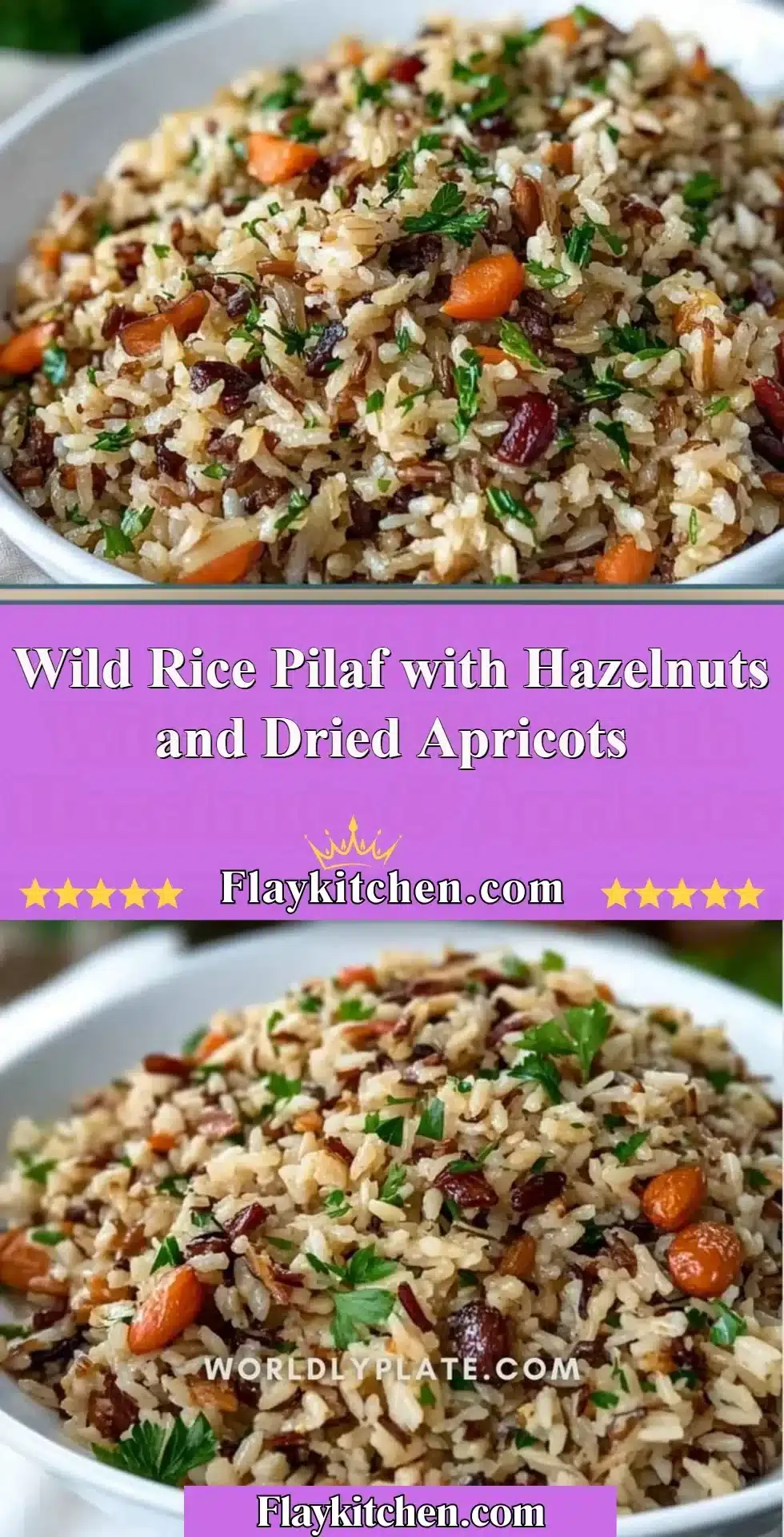 Delicious wild rice pilaf with hazelnuts and dried apricots in a serving bowl
