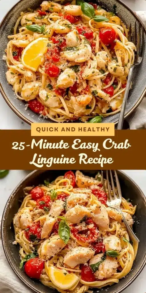 Delicious crab linguine garnished with herbs, served in a bowl.