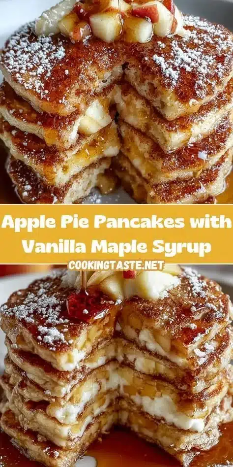 Apple pie pancakes topped with vanilla maple syrup, served on a plate