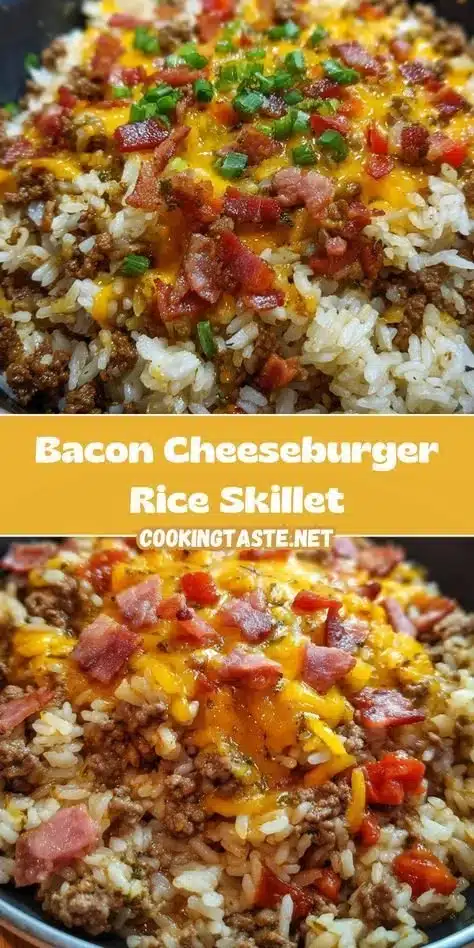 Bacon Cheeseburger Rice Skillet topped with cheese and crispy bacon