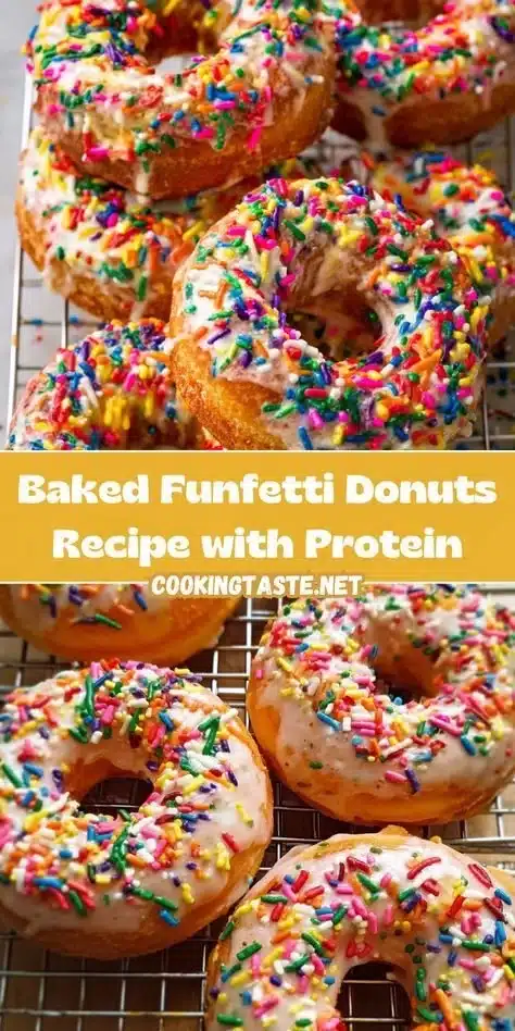 Baked Funfetti Donuts topped with colorful sprinkles and protein-rich frosting.
