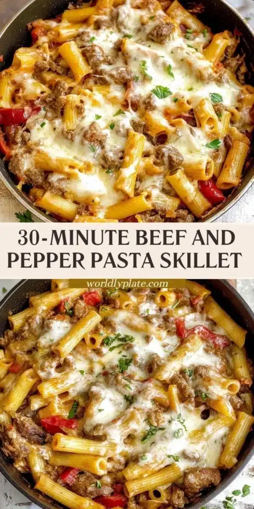 Beef and Pepper Pasta Skillet garnished with fresh herbs