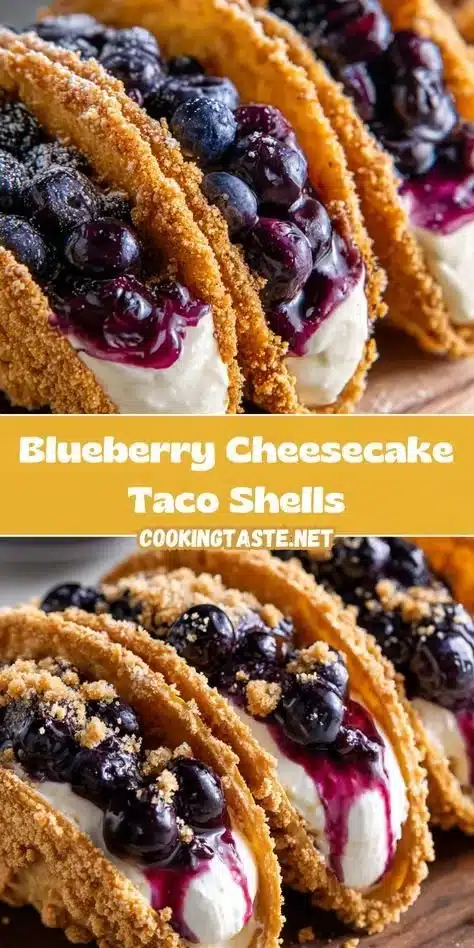 Blueberry cheesecake taco shells topped with fresh blueberries and whipped cream