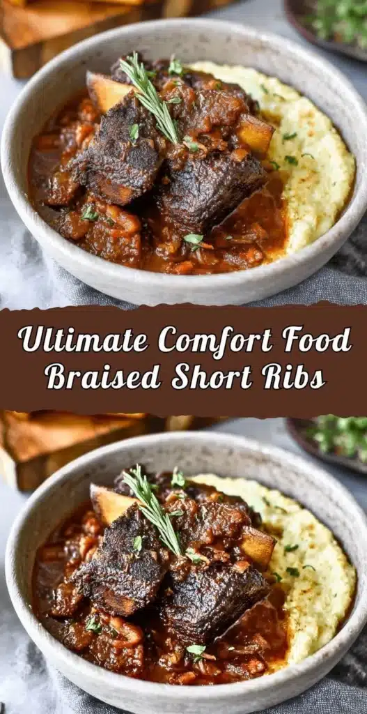 Deliciously braised short ribs served with garnishes on a rustic plate