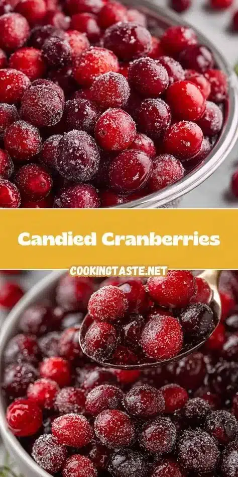 A bowl of homemade candied cranberries garnished with sugar, perfect for desserts.