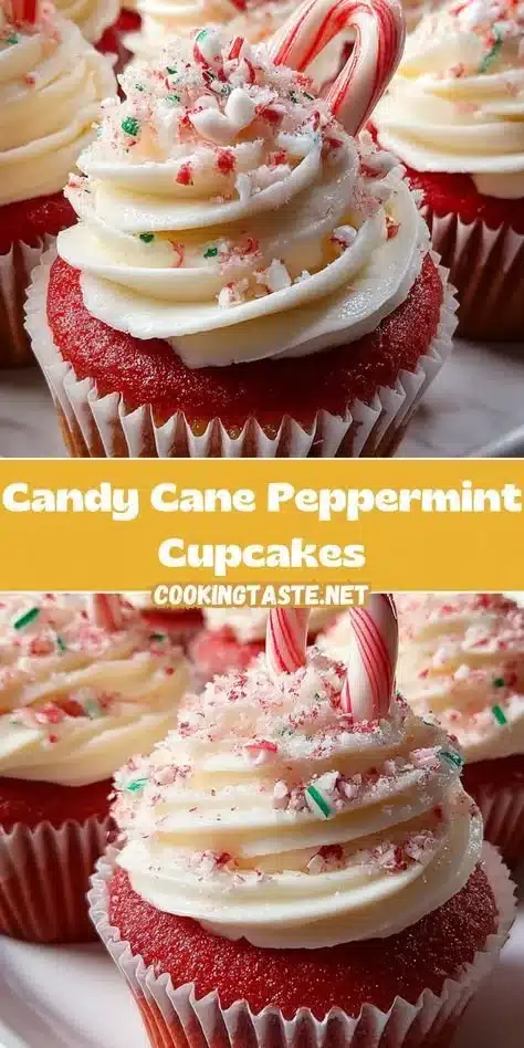Delicious candy cane peppermint cupcakes topped with whipped cream and candy canes.