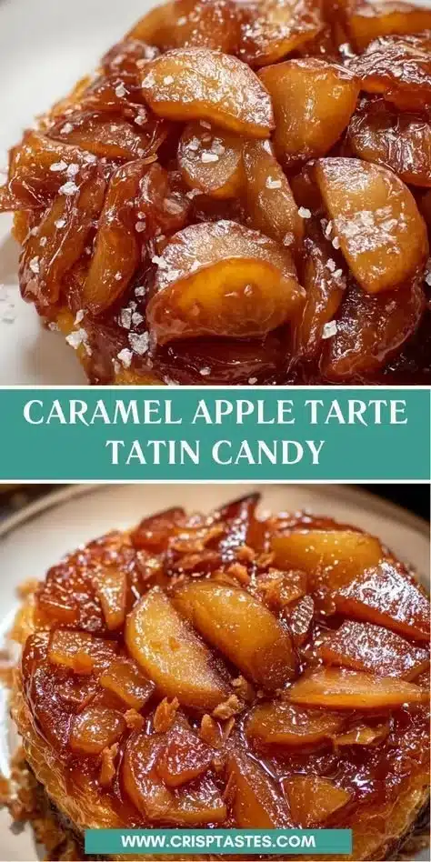 Delicious Caramel Apple Tarte Tatin Candy dessert topped with caramel sauce.