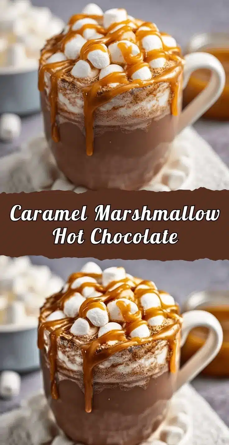 Delicious caramel hot chocolate topped with whipped cream and caramel drizzle