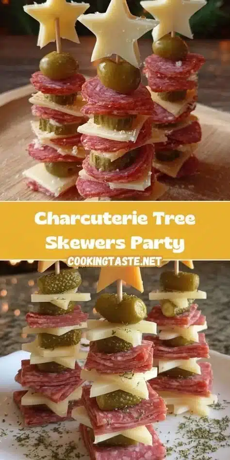 Colorful charcuterie skewers arranged in a tree shape, featuring meats, cheeses, and fruits.