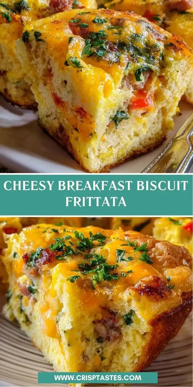 Cheesy breakfast biscuit frittata served on a plate with fresh herbs