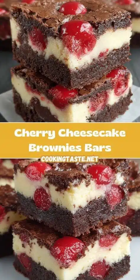 Delicious cherry cheesecake brownie bars with a creamy topping and cherry glaze